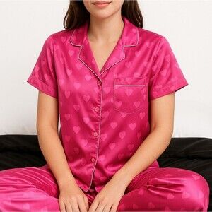 Pink Heart Jacquard Pajama Top Satin Button-Front M Loungewear Sleaze Pop